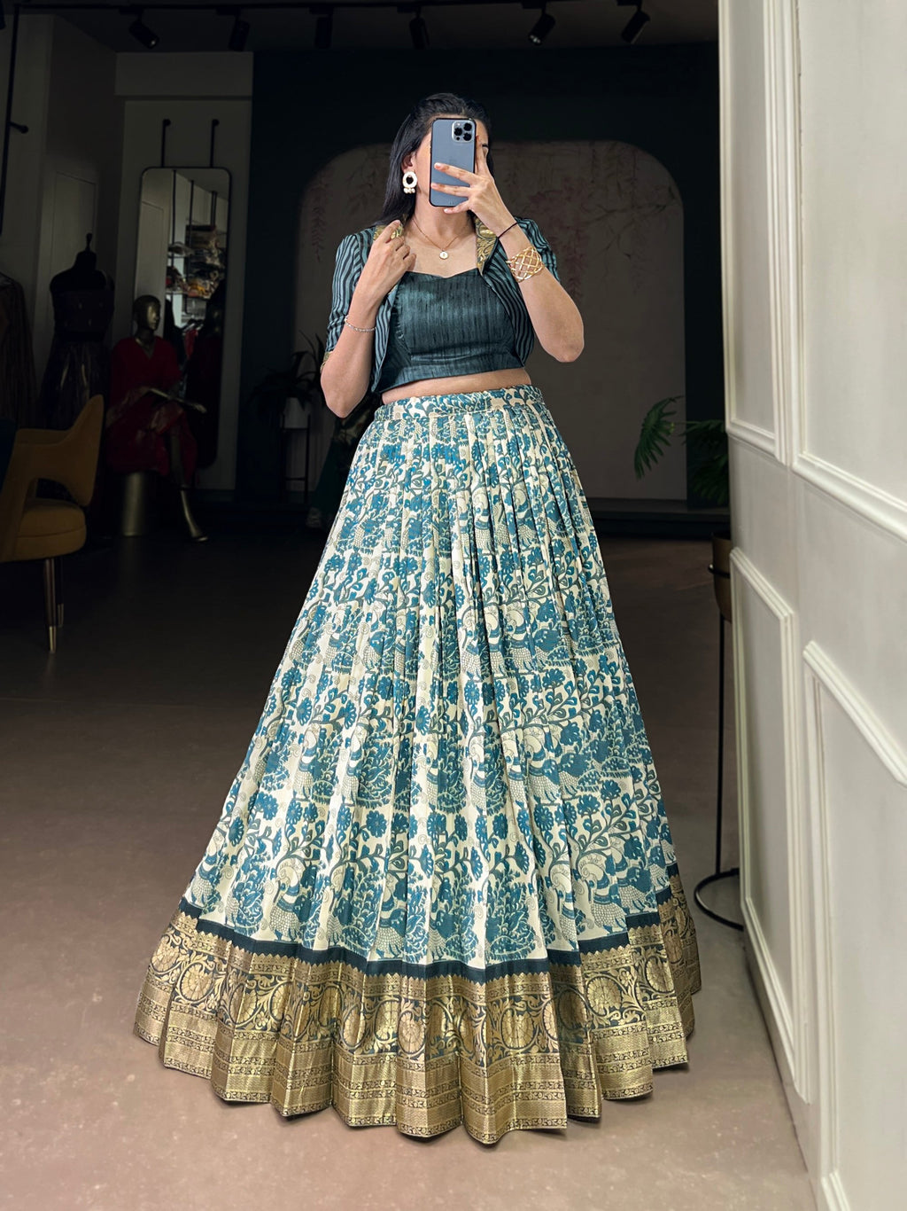 Multicolor Tasar Silk Printed Lehenga Choli with Viscose Border