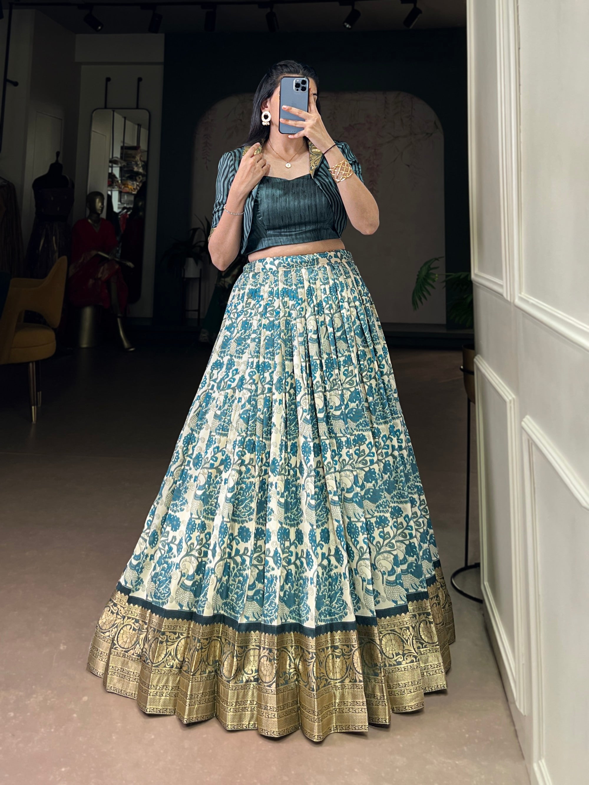Lorenvalley Fashion Multicolor Tasar Silk Printed with Viscose Border Lehenga Choli