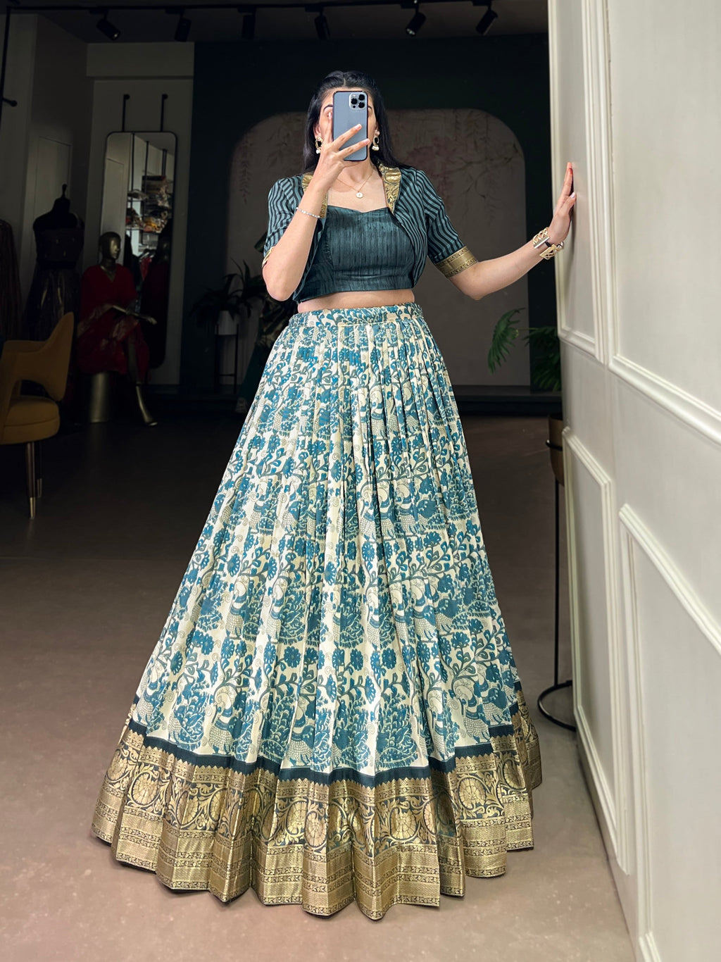 Multicolor Tasar Silk Printed Lehenga Choli with Viscose Border