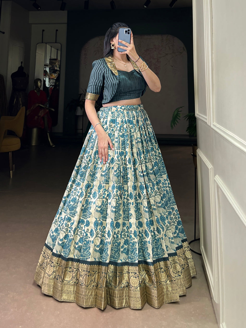 Multicolor Tasar Silk printed lehenga choli with a decorative viscose border