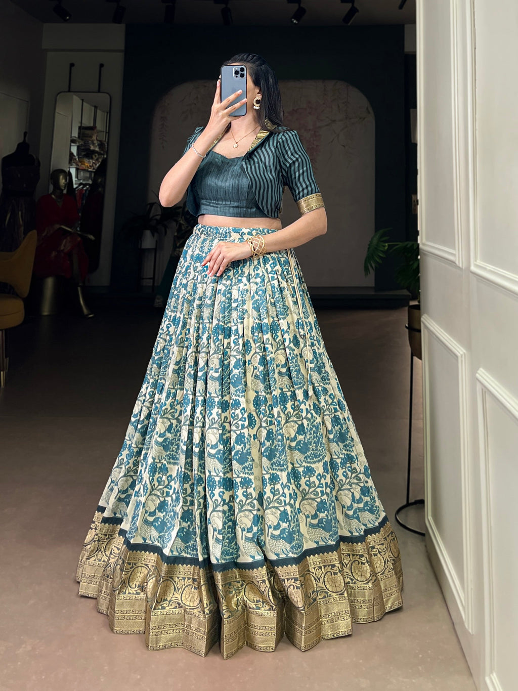 Multicolor Tasar Silk Printed Lehenga Choli with Viscose Border