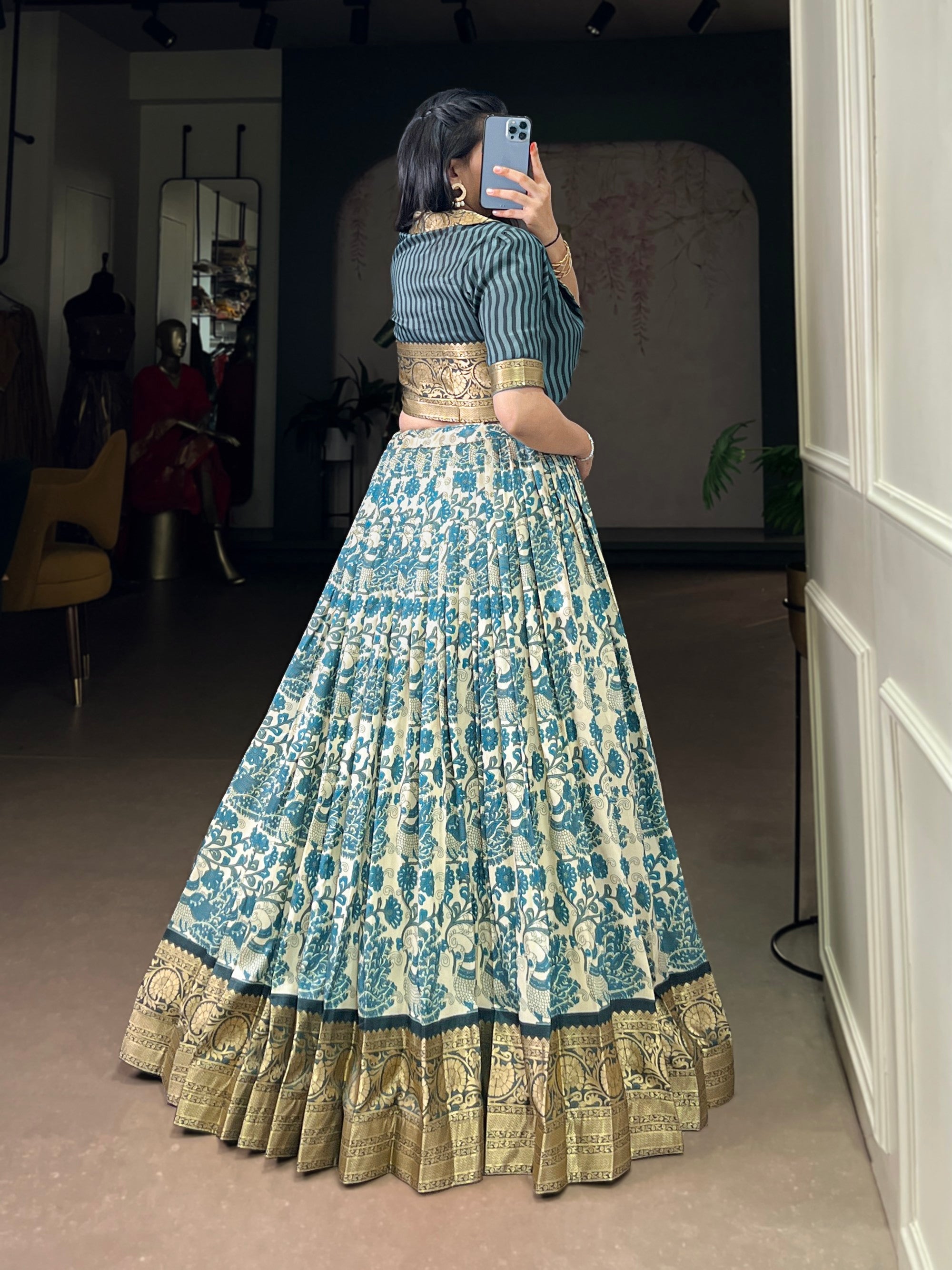 Lorenvalley Fashion Multicolor Tasar Silk Printed with Viscose Border Lehenga Choli