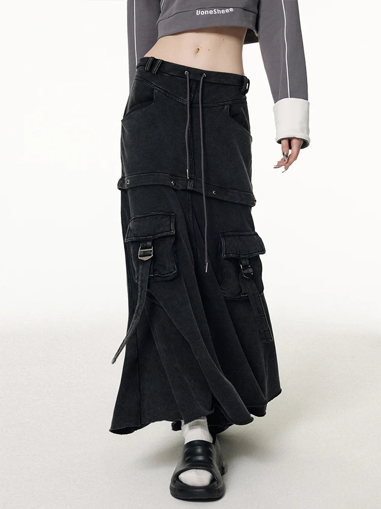 Y2K Black Distressed Denim Midi Skirt with Cargo Pockets - Image 2
