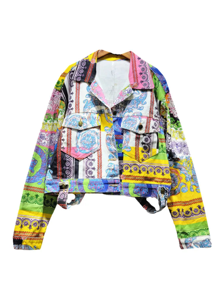 A woman wearing a vibrant retro floral patterned denim jacket with a Harajuku style aesthetic.