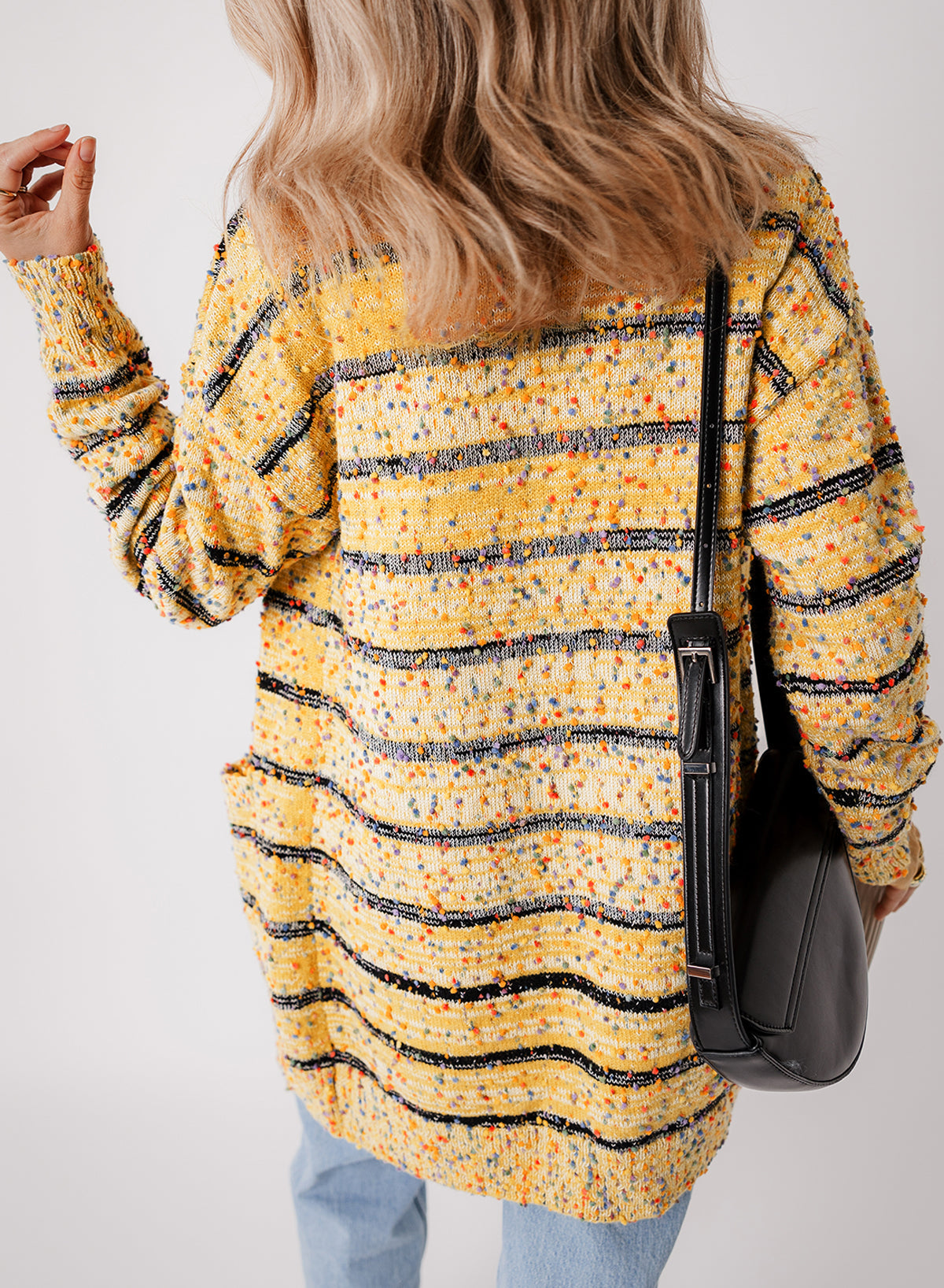 Yellow Striped Pom Pom Knit Open Front Long Cardigan Sweater