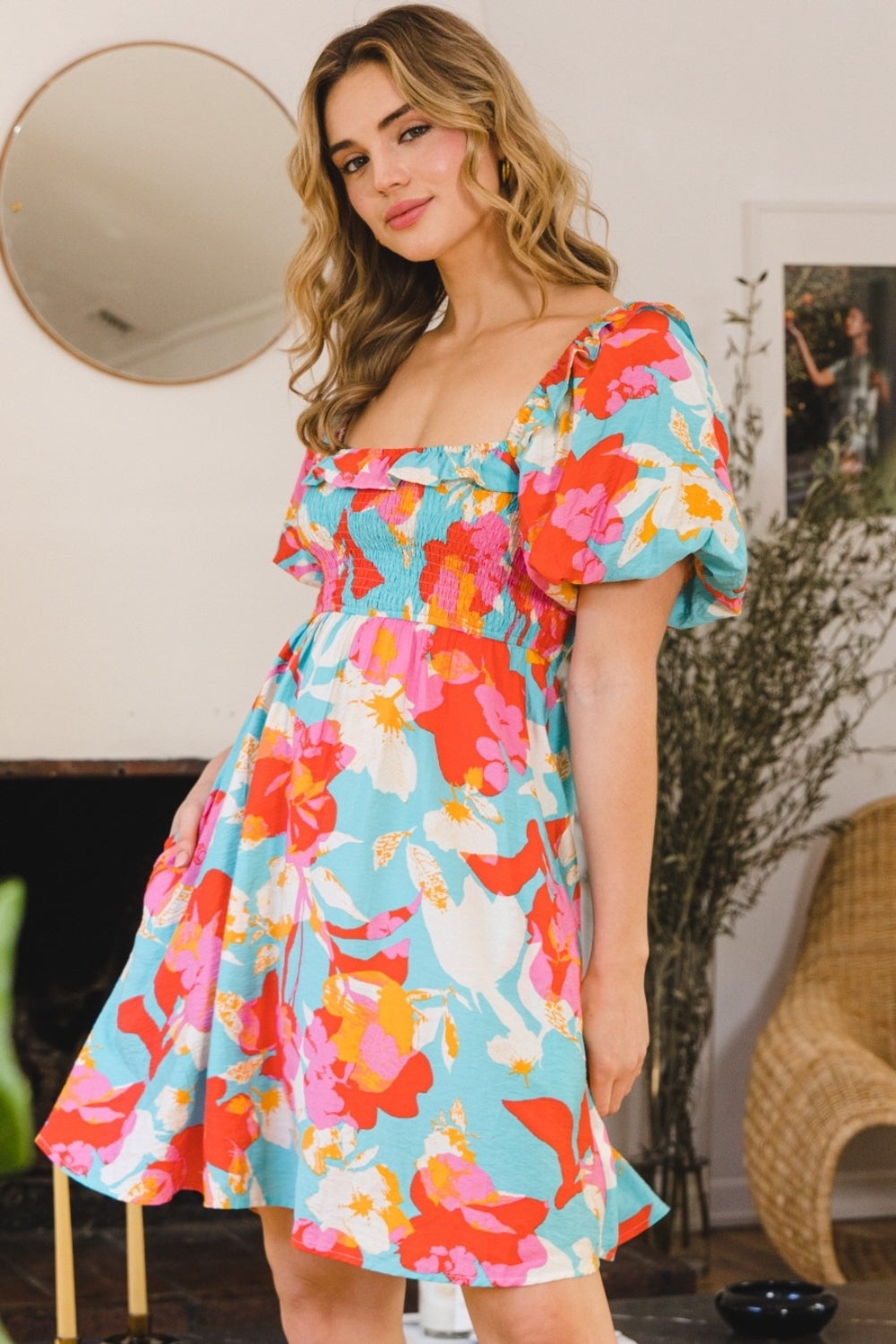 Floral Cotton Smocked Puff Sleeve Mini Dress – Summer Chic