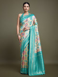 Turquoise and cream Banarasi silk saree with detailed zari woven patterns
