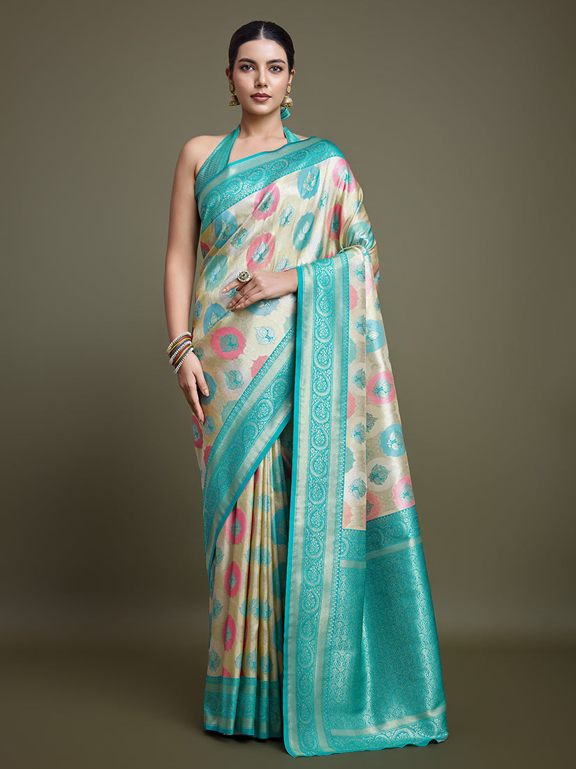 Turquoise and cream Banarasi silk saree with detailed zari woven patterns