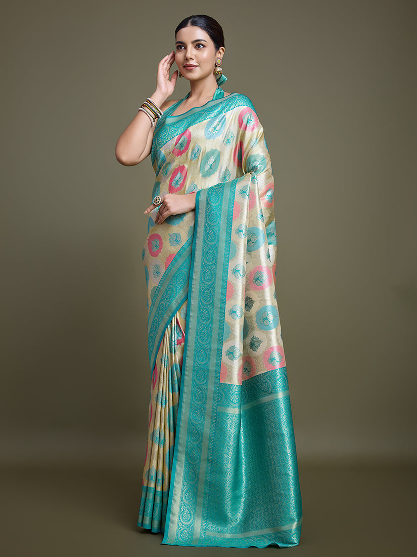 Turquoise and Cream Banarasi Silk Saree with Intricate Zari Work