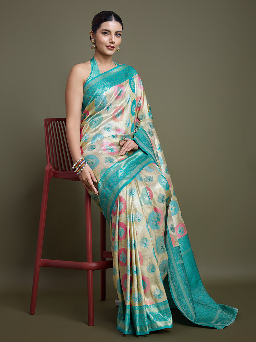 Turquoise and Cream Banarasi Silk Saree with Intricate Zari Work