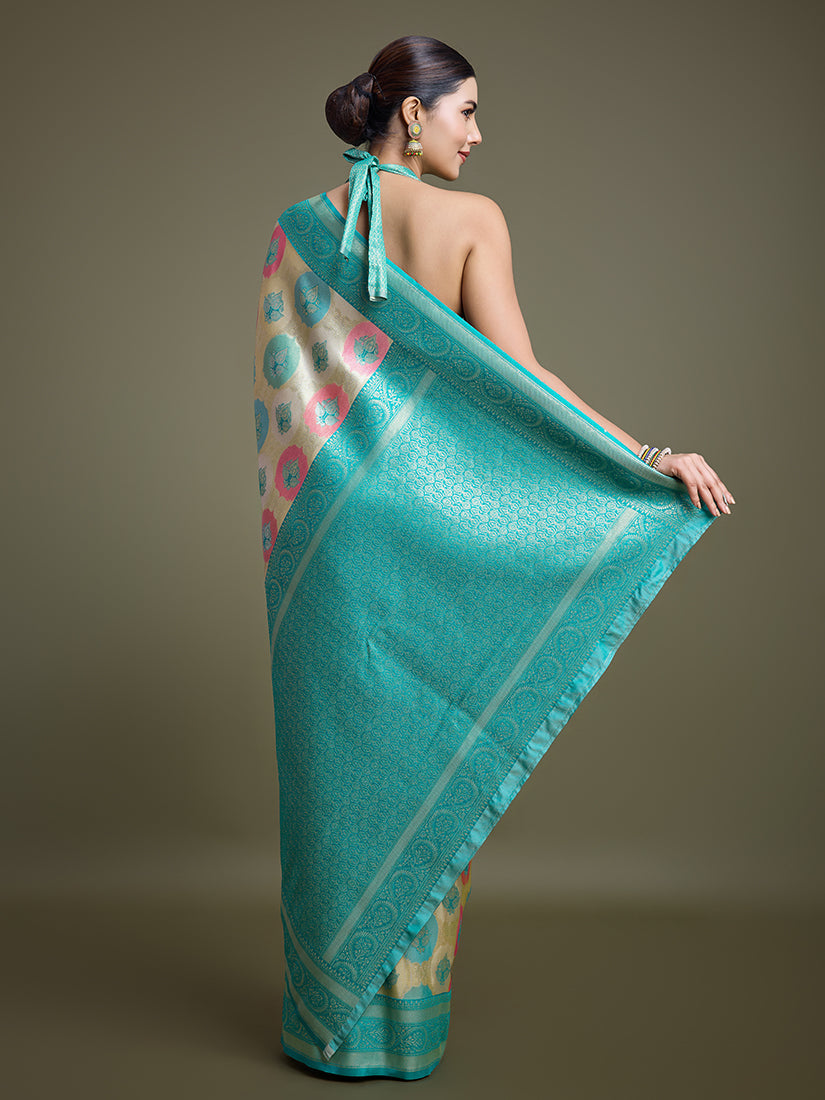 Turquoise and Cream Banarasi Silk Saree with Intricate Zari Work