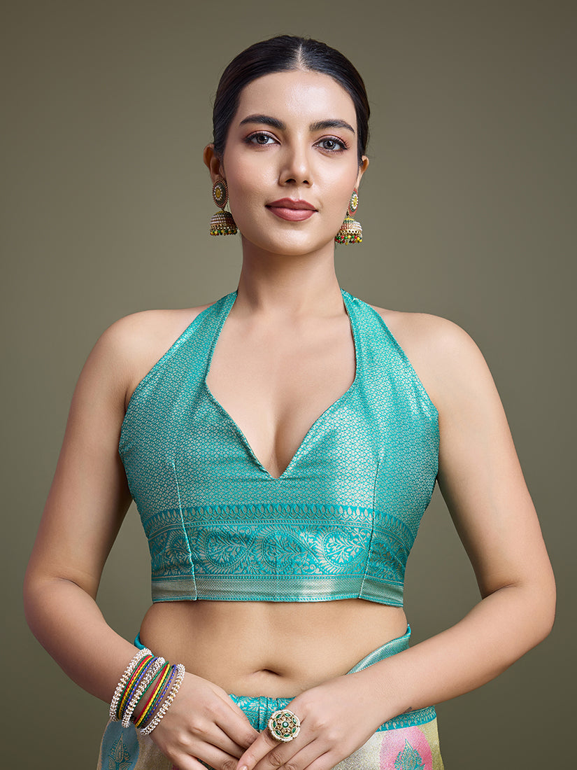 Turquoise and Cream Banarasi Silk Saree with Intricate Zari Work
