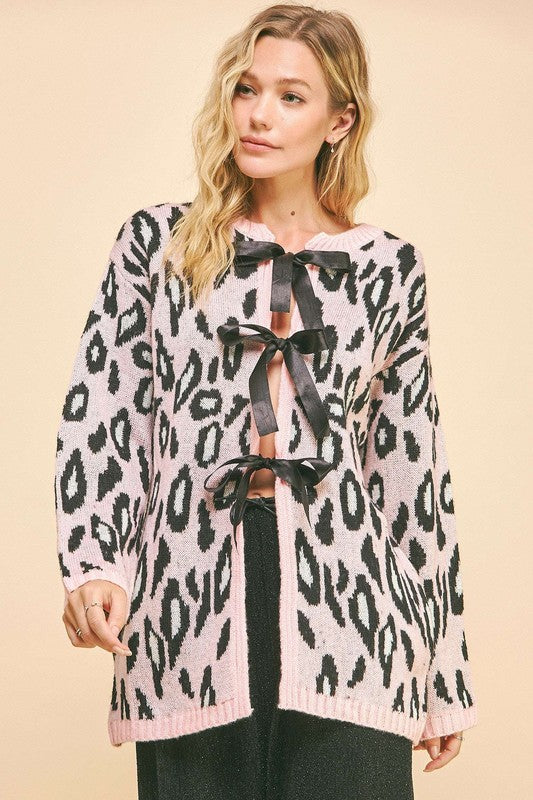 Davi & Dani Leopard Ribbon Tie Cardigan | Loose Fit Knit