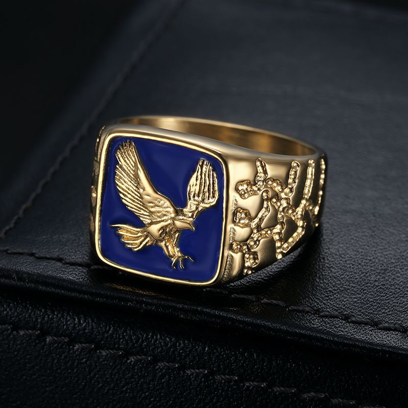 Stainless Steel Gold-Plated Blue Resin Wings-Flying Mens Ring