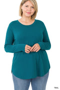 Solid teal long sleeve top with a classic round neckline