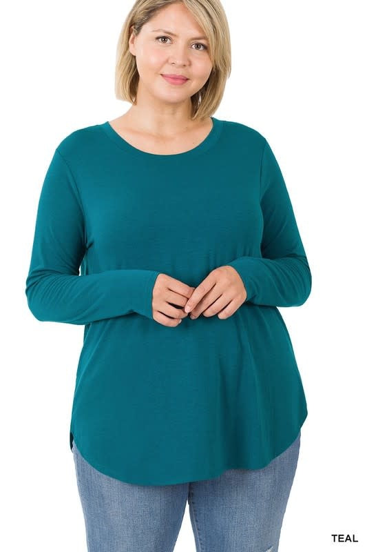 Solid teal long sleeve top with a classic round neckline