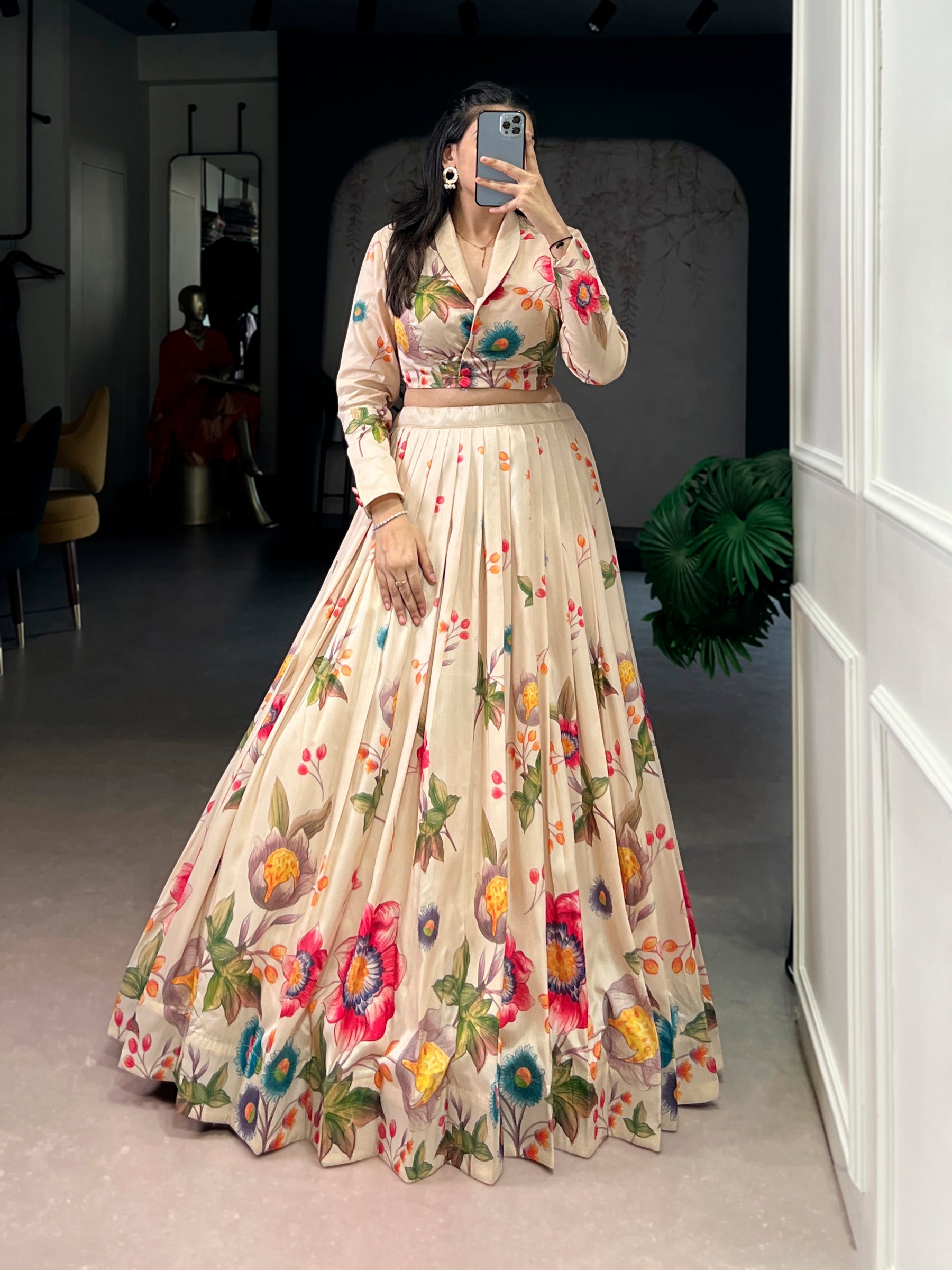 Cream Tasar silk lehenga choli co-ord set with floral print and 4-meter flair
