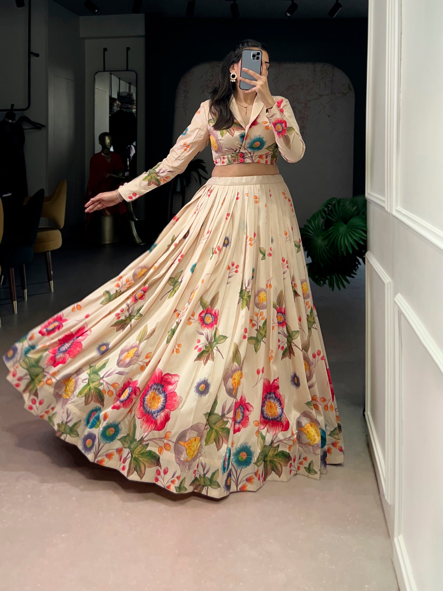 Cream Tasar Silk Floral Print Lehenga Choli Co-ord Set