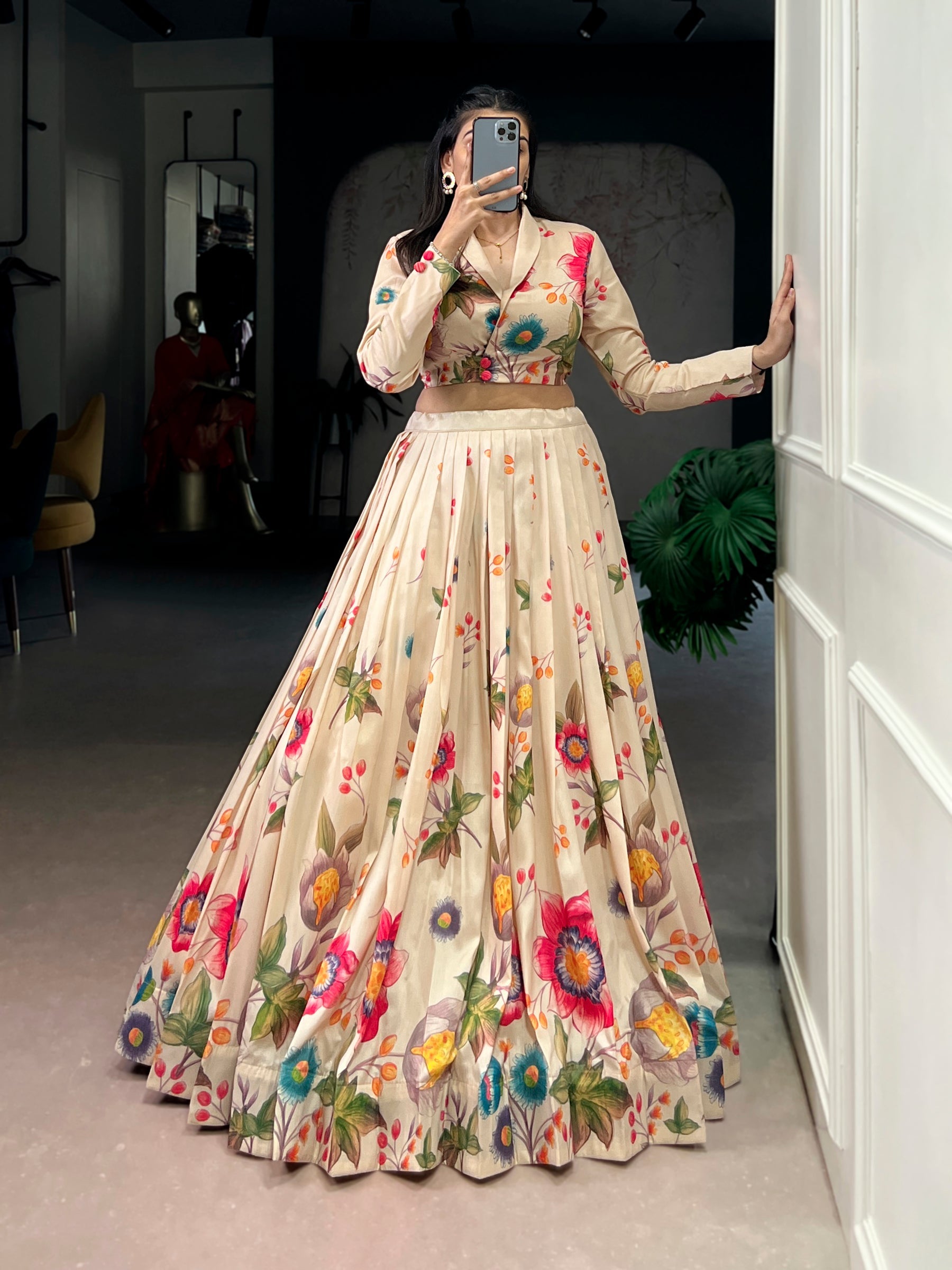 Cream Tasar Silk Floral Print Lehenga Choli Co-ord Set