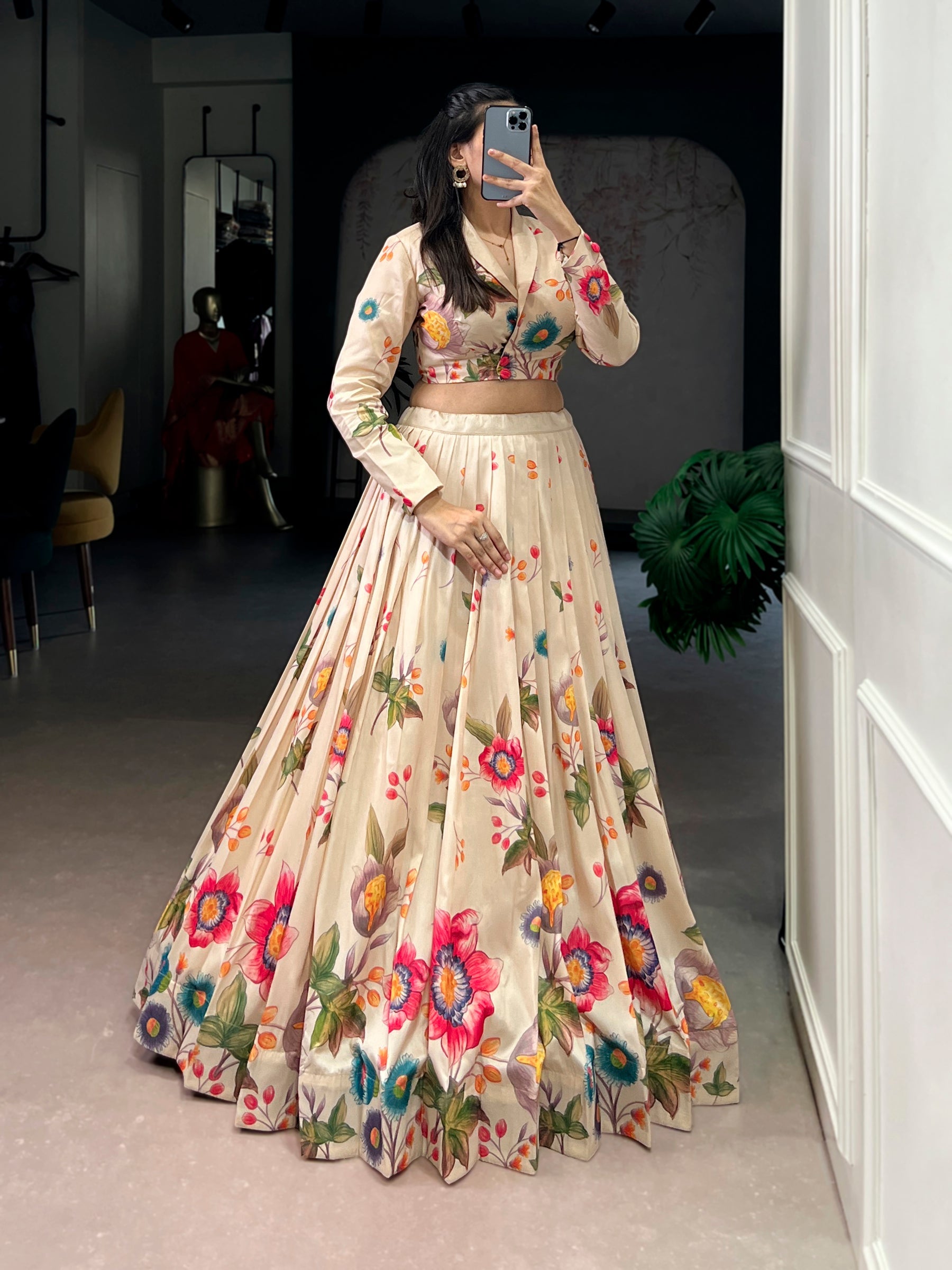 Cream Tasar Silk Floral Print Lehenga Choli Co-ord Set