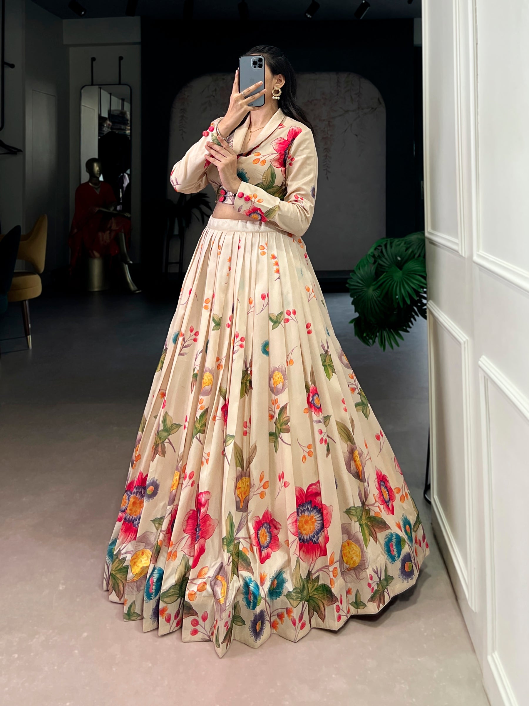 Cream Tasar Silk Floral Print Lehenga Choli Co-ord Set