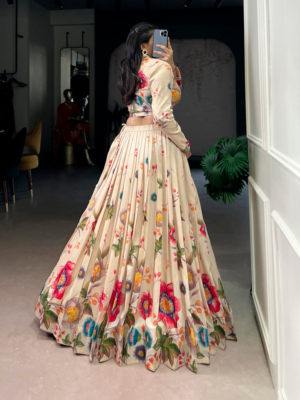Cream Tasar Silk Floral Print Lehenga Choli Co-ord Set