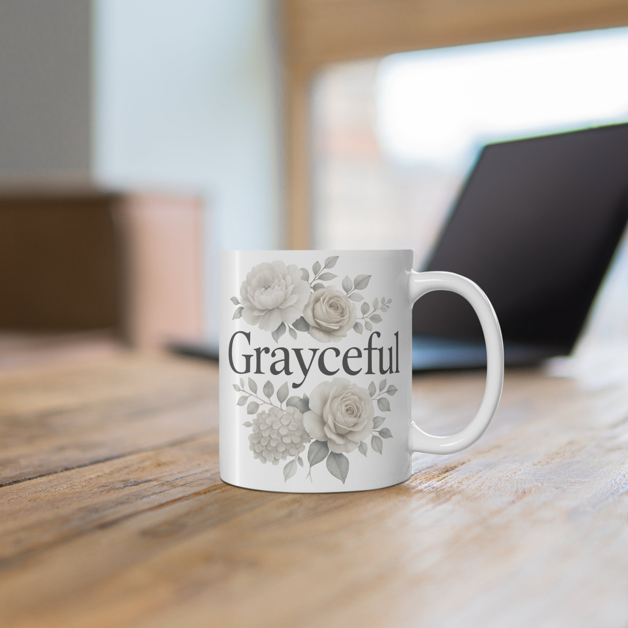 Floral Gratitude Ceramic Mug, Minimalist Neutral Coffee Tea Cup