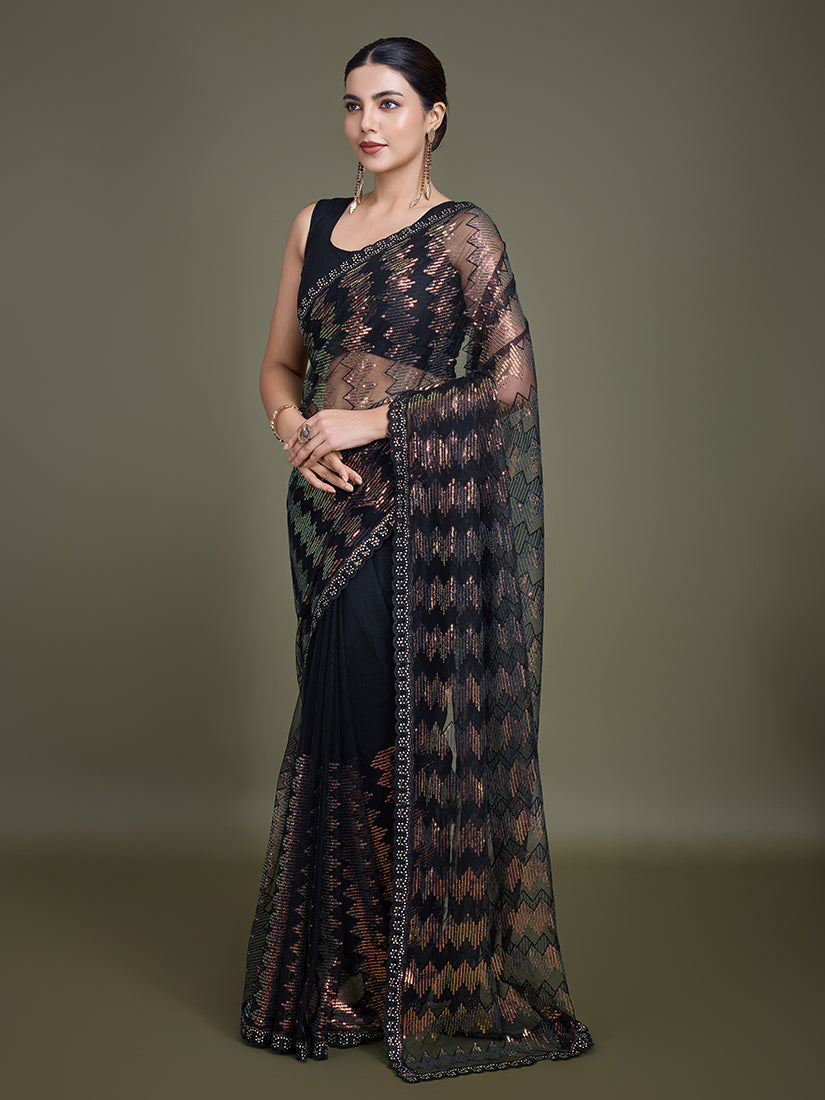 Black Net Party Wear Saree with Sequin Work