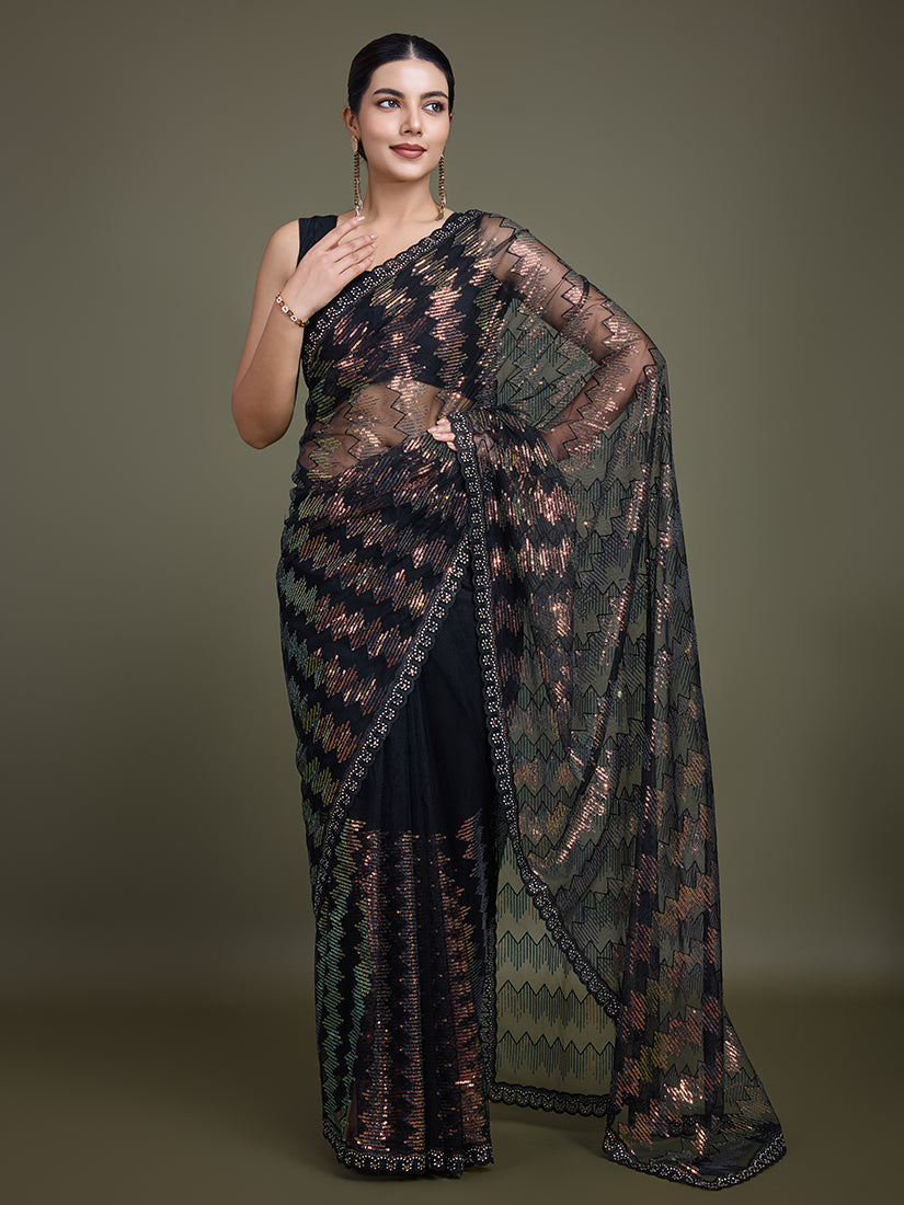 Black Net Party Wear Saree with Sequin Work