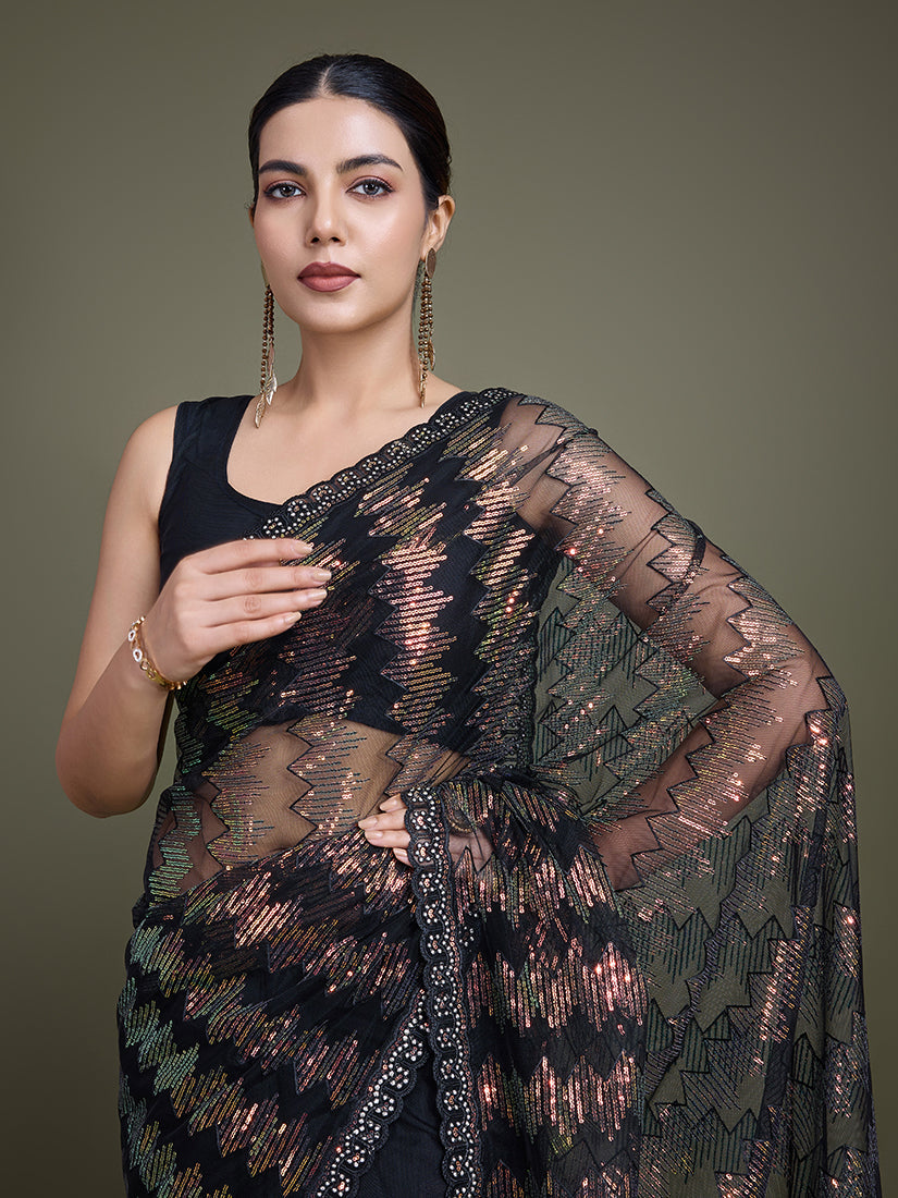 Black Net Party Wear Saree with Sequin Work