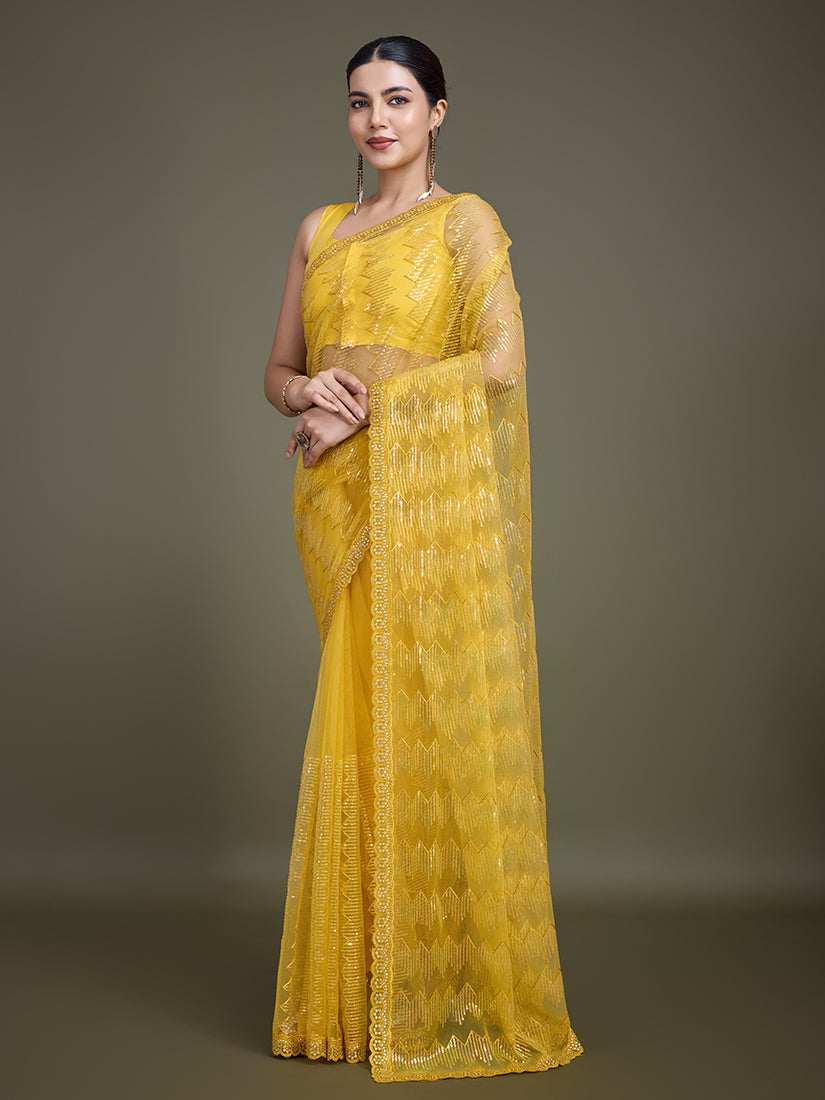 Yellow Net Sequin Party Wear Saree with Glamorous Embellishments