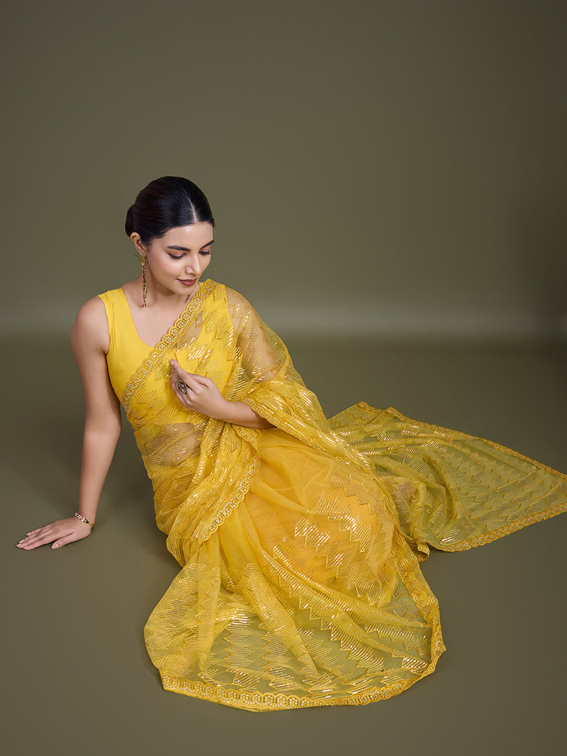 Yellow Net Sequin Party Wear Saree with Glamorous Embellishments