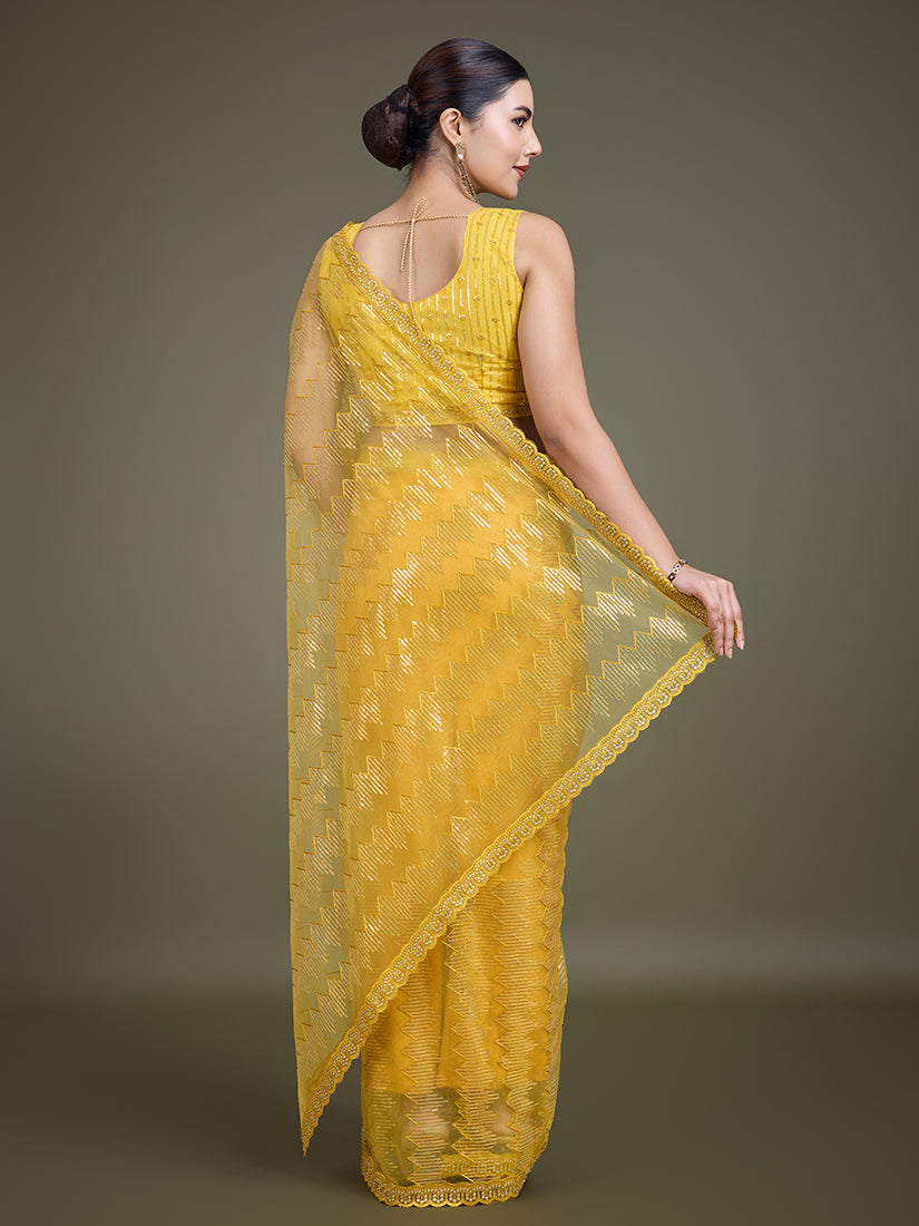 Yellow Net Sequin Party Wear Saree with Glamorous Embellishments