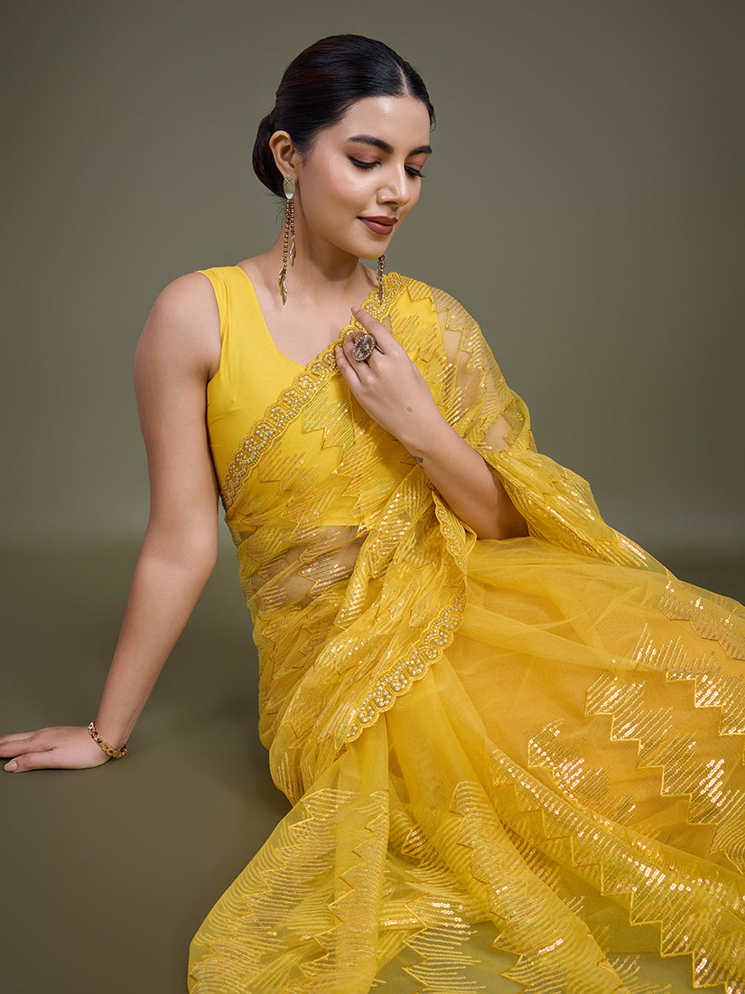 Yellow Net Sequin Party Wear Saree with Glamorous Embellishments