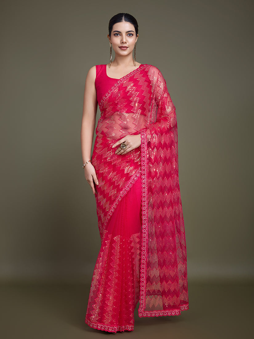 Dark pink net party wear saree with sparkling sequin details