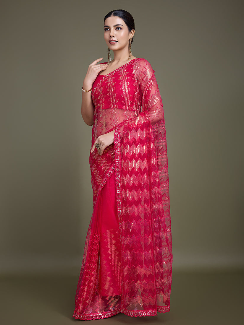 Dark Pink Net Saree with Dazzling Sequin Embellishments