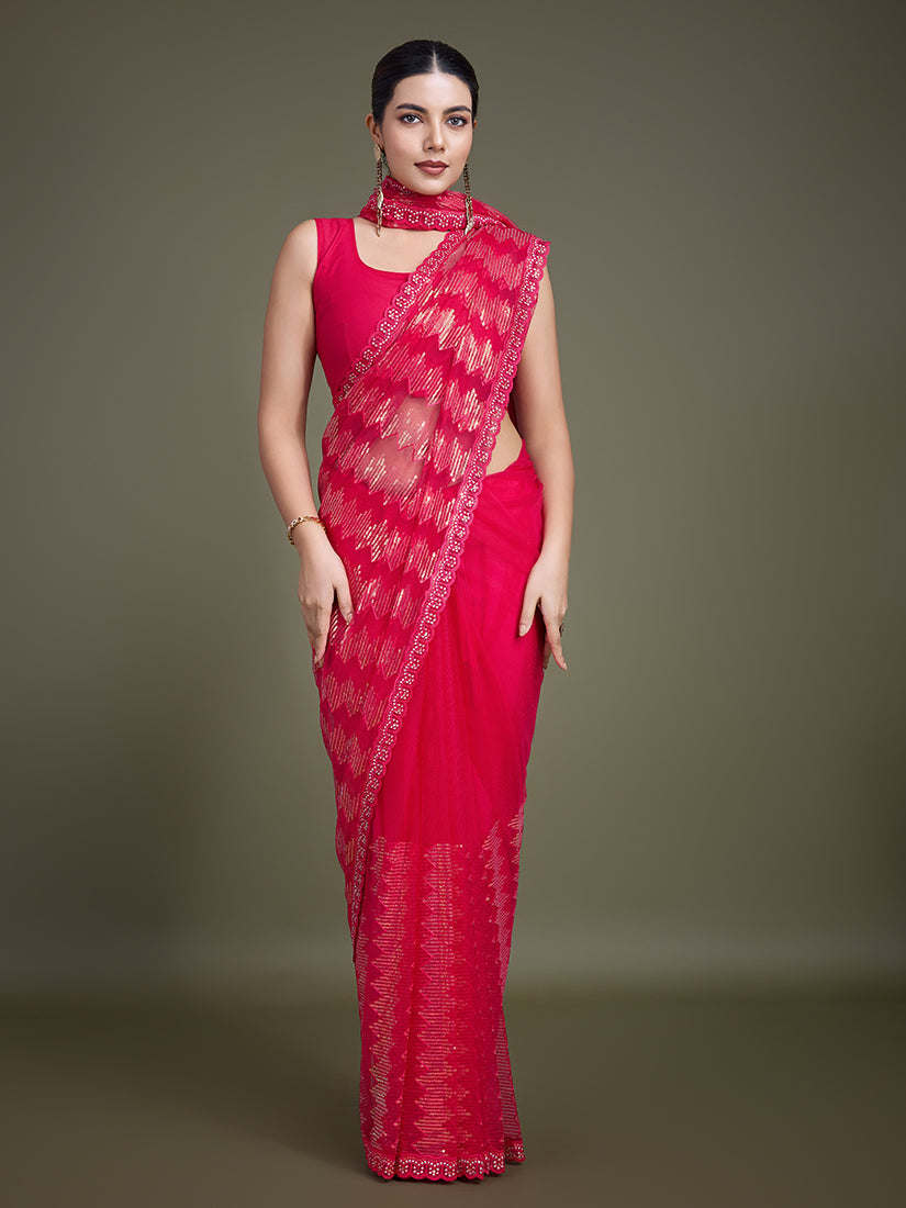 Dark Pink Net Saree with Dazzling Sequin Embellishments