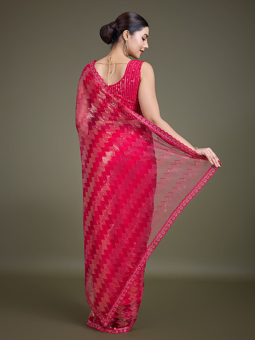Dark Pink Net Saree with Dazzling Sequin Embellishments
