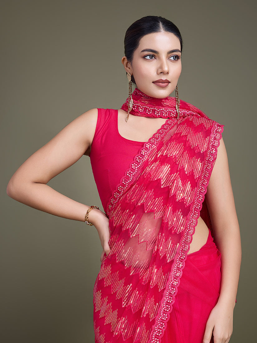 Dark Pink Net Saree with Dazzling Sequin Embellishments