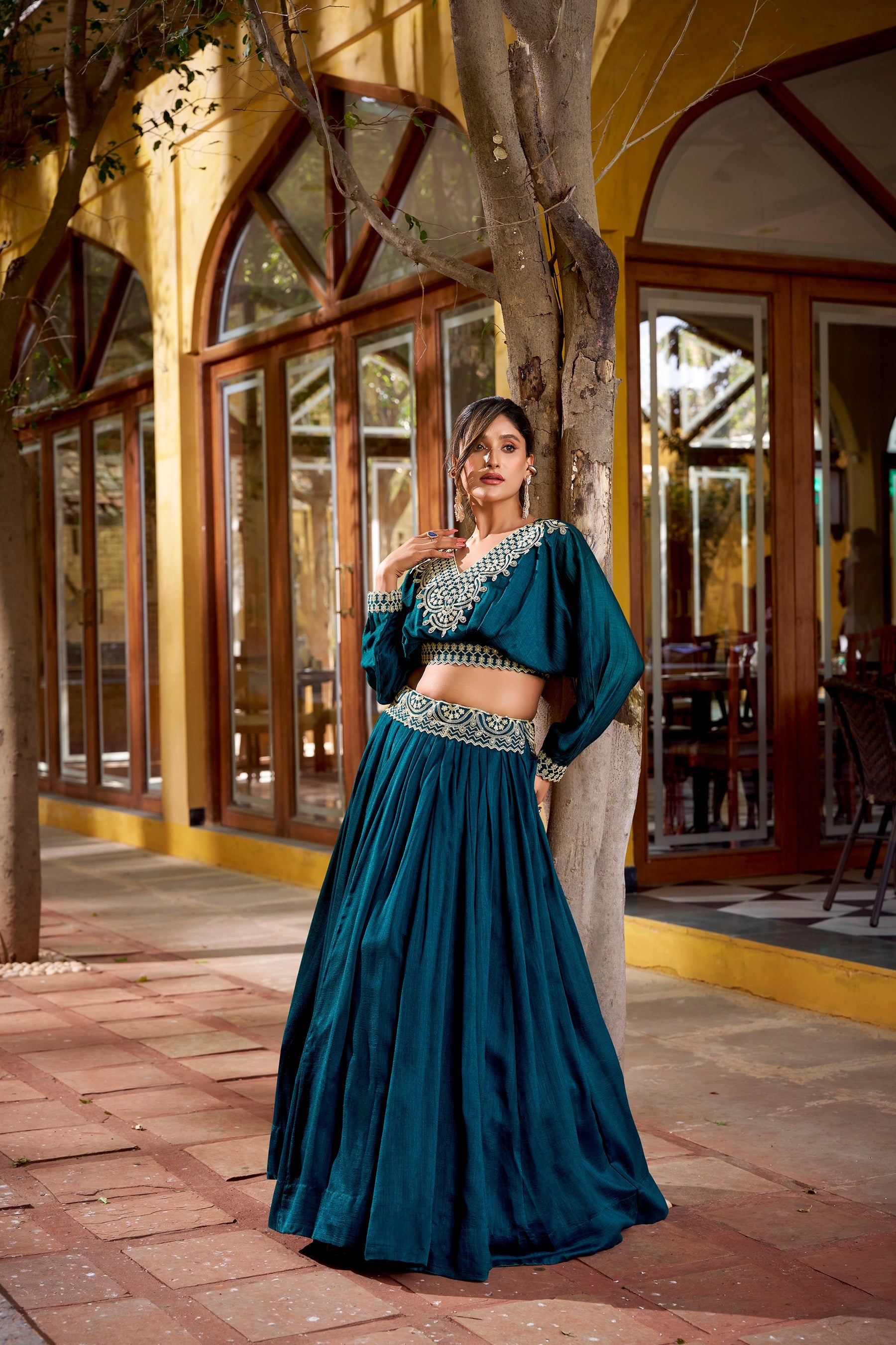 Teal Vichitra Silk Lehenga Choli Set with Thread Embroidery