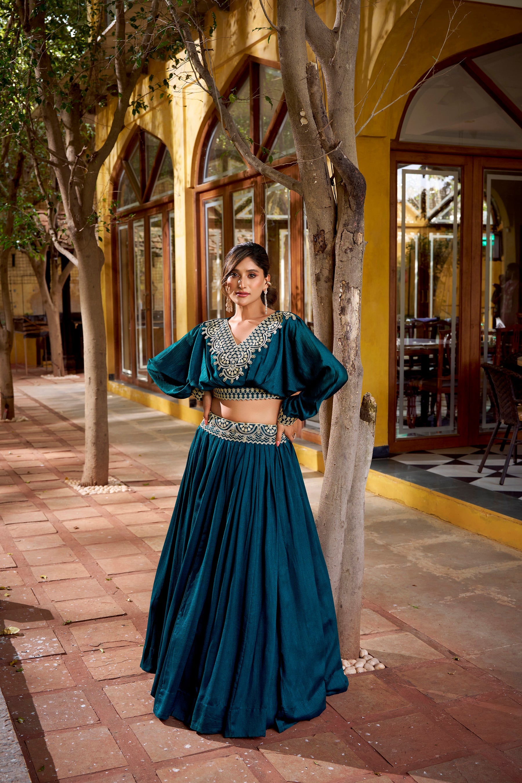Teal Vichitra Silk lehenga choli co-ord set with detailed thread embroidery and 5-meter flair