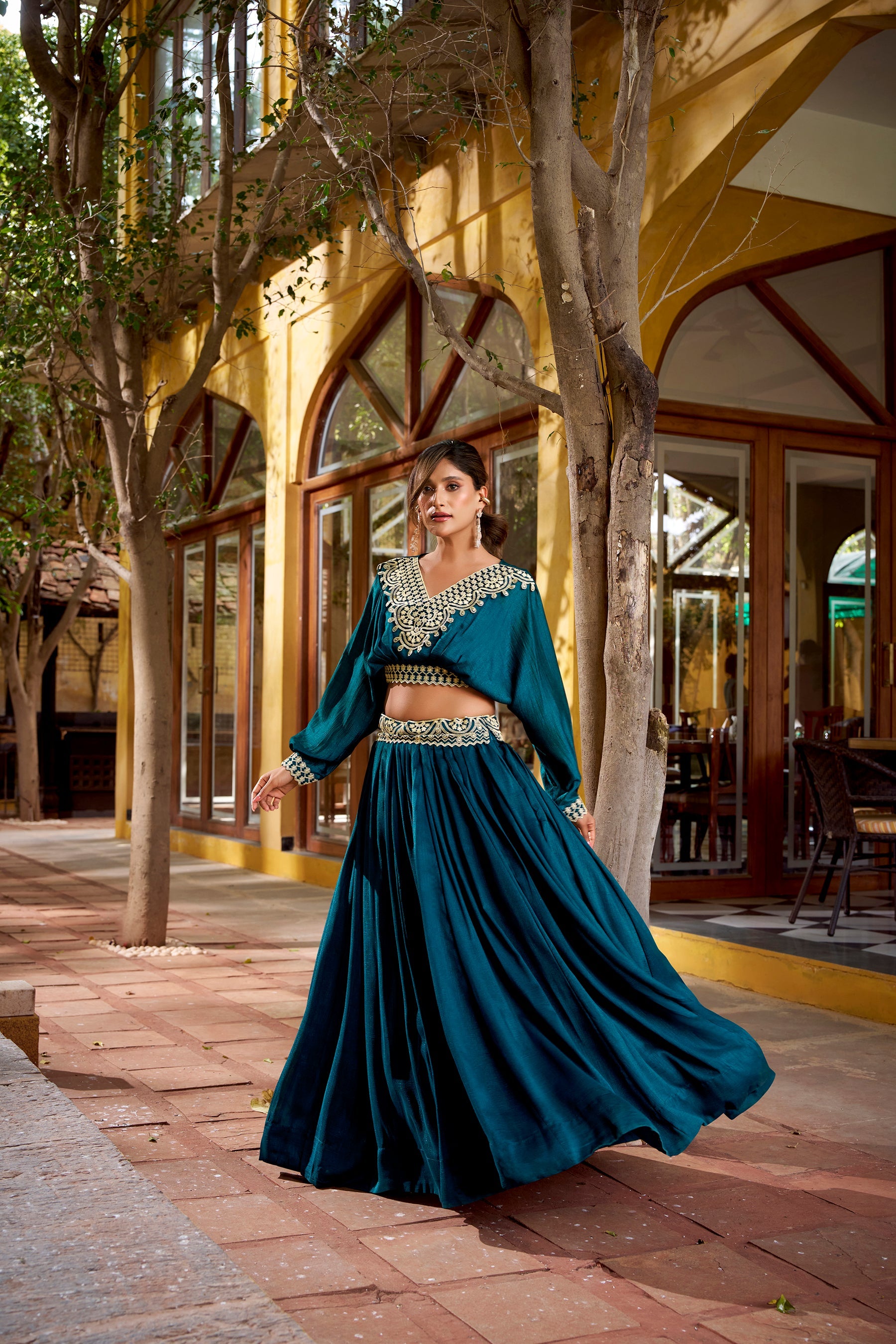 Teal Vichitra Silk Lehenga Choli Set with Thread Embroidery