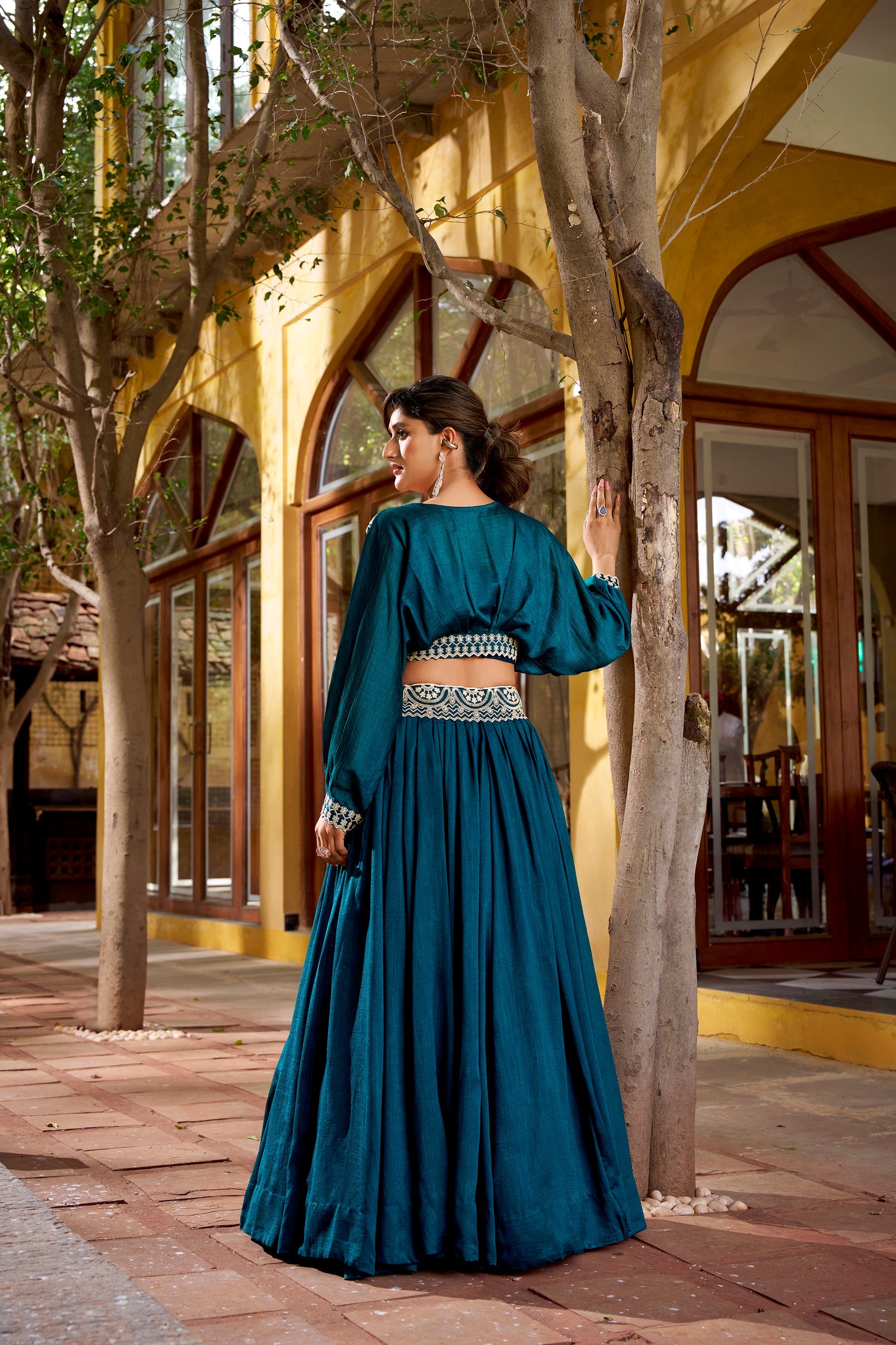 Teal Vichitra Silk Lehenga Choli Set with Thread Embroidery