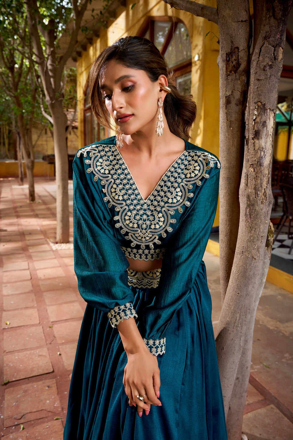 Teal Vichitra Silk Lehenga Choli Set with Thread Embroidery
