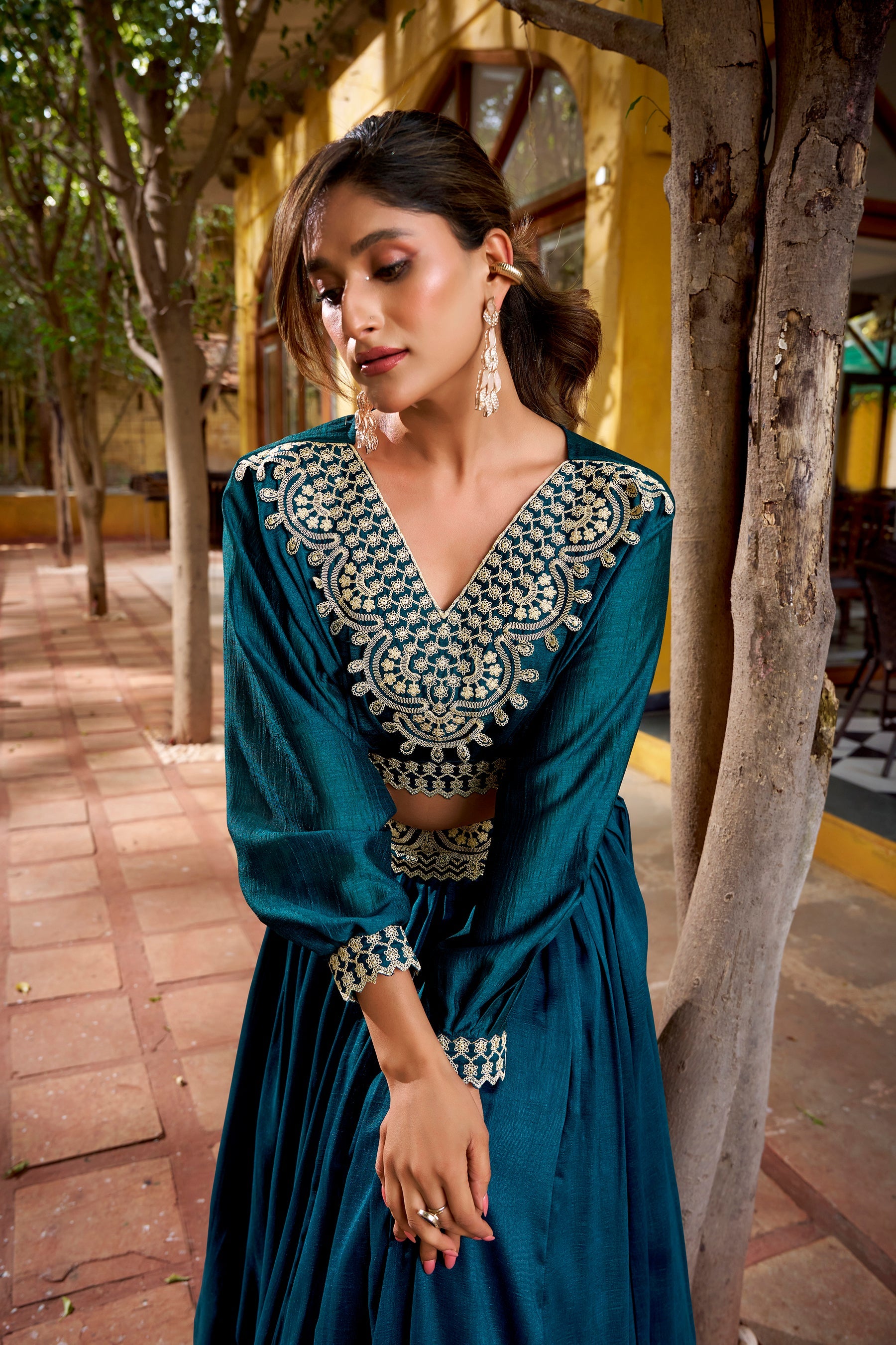 Teal Vichitra Silk Lehenga Choli Set with Thread Embroidery