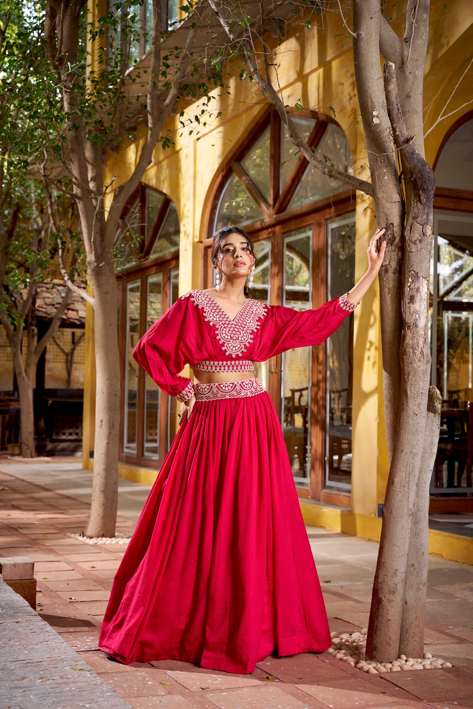 Pink Vichitra Silk lehenga choli with detailed thread embroidery and wide flare