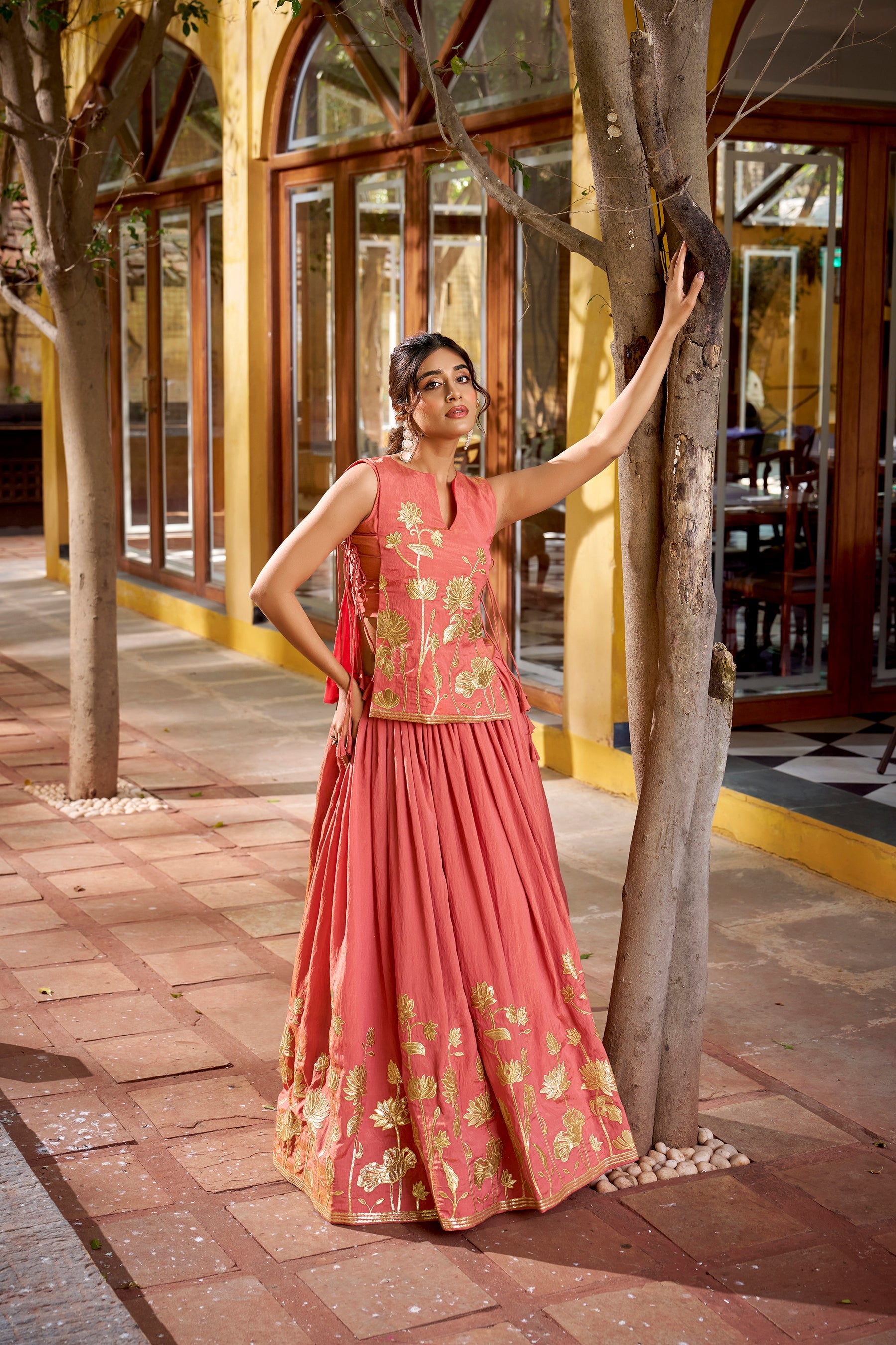 Rust Shimmer Lehenga Choli Set with Foil Embroidery and Can Can