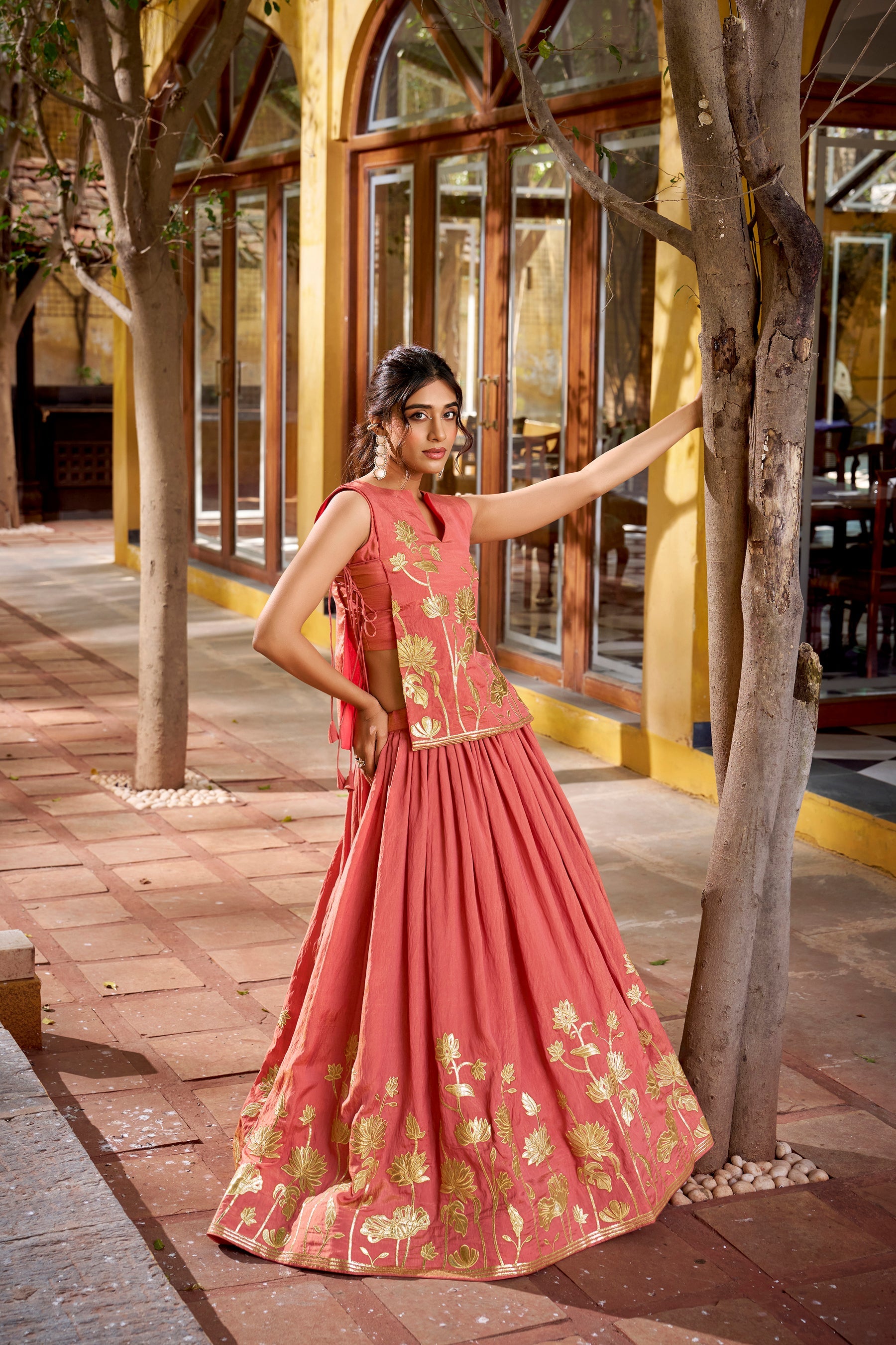 Rust Shimmer Lehenga Choli Set with Foil Embroidery and Can Can
