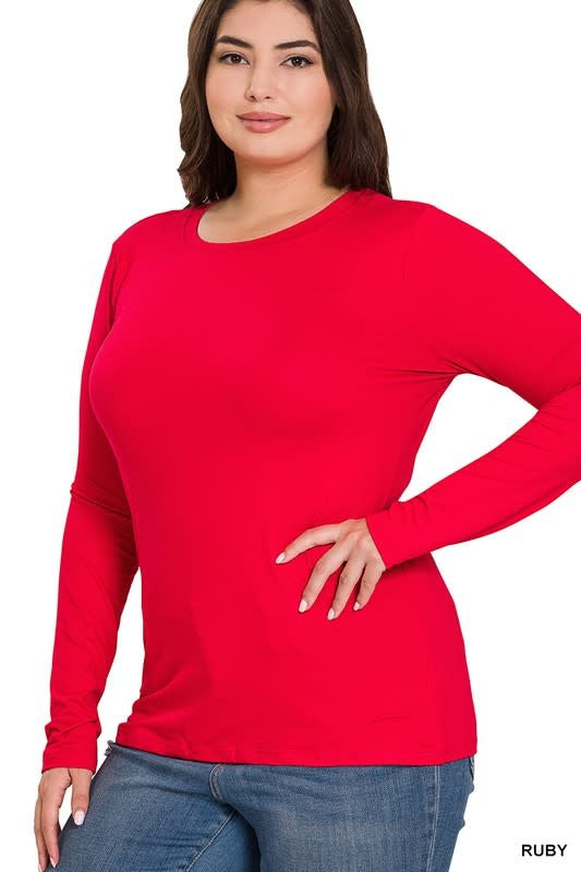 Model wearing a Ruby microfiber long sleeve round neck tee with a slim fit