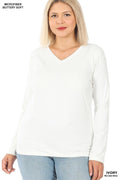 Woman wearing a soft ivory long sleeve microfiber V-neck tee with a sleek, fitted silhouette.
